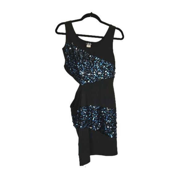 Vtg Y2K 90s Deb Mini Dress Size L Side Cutout Blue Black Sequin Party Club HOCO - Picture 1 of 10